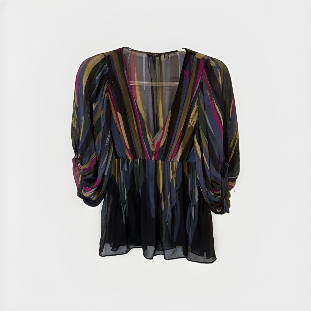 Ted Baker London Striped Sheer V-Neck Peplum 3/4 Puff Sleeve Blouse 1 Small